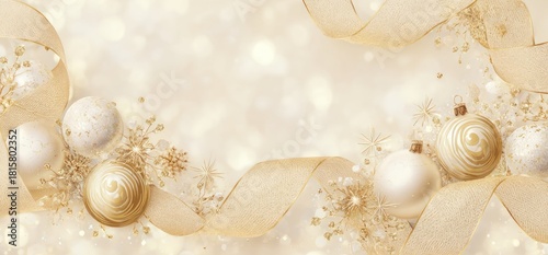 Elegant Christmas Background with Golden Ornaments and Festive Lights.