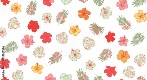Colorful Hibiscus Flowers and Tropical Leaves Pattern on White Background.