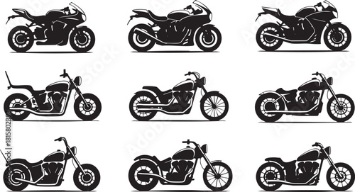 Variety of motorcycle models in black silhouette against a white background