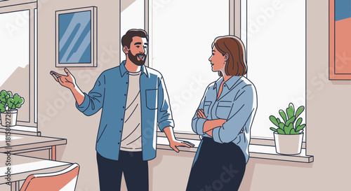 Modern illustration of a man and woman talking discussing ideas in a bright room.