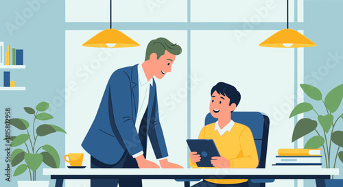 Two businessmen collaborating on a project using a digital tablet in a modern office.