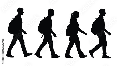 Silhouettes of young people walking with backpacks isolated on white background, Vector