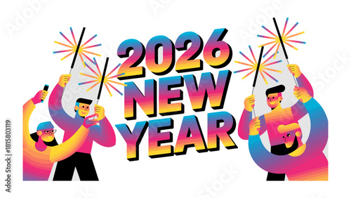 New Year 2026 Celebration: Capturing the excitement, people are celebrating the new year with sparklers and vibrant design.