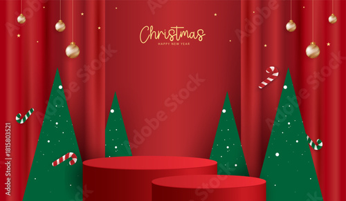 Podium stage for show product display for festive decoration christmas day or new years. stand product showcase on red background with lighting christmas or presentation. vector design.