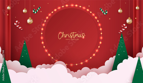 Podium stage for show product display for festive decoration christmas day or new years. stand product showcase on red background with lighting christmas or presentation. vector design.