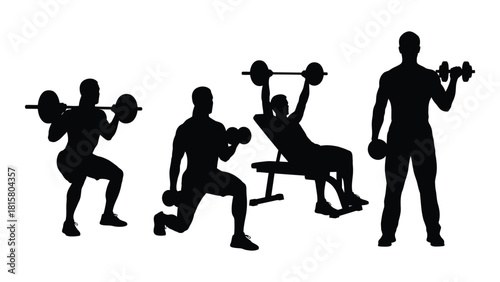 Weightlifting and fitness exercise silhouettes isolated on white background, Vector
