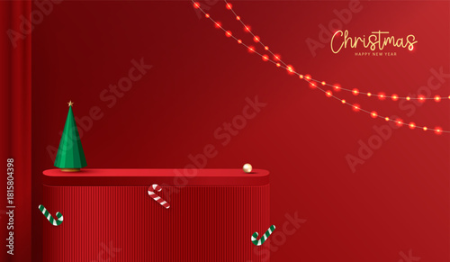 Podium stage for show product display for festive decoration christmas day or new years. stand product showcase on red background with lighting christmas or presentation. vector design.