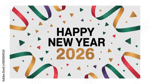 Happy New Year 2026: A festive graphic announcing the arrival of the New Year, adorned with vibrant ribbons and celebratory confetti, embodying the spirit of hope and anticipation. 