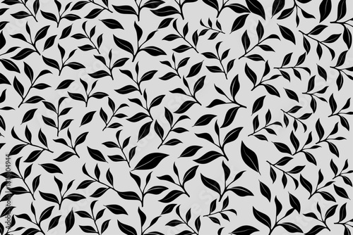 black and white tea leaf pattern in seamless repeat design. Ideal for packaging, wallpaper, fabric prints, and botanical branding.