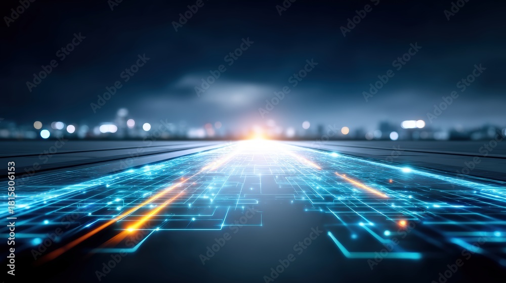 Fototapeta premium Innovative digital transformation urban landscape futuristic imagery evening ambiance aerial view technology concept for modern cities