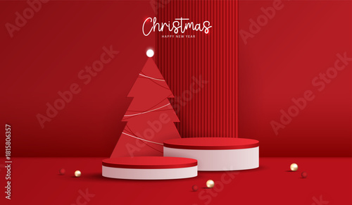 Podium stage for show product display for festive decoration christmas day or new years. stand product showcase on red background with lighting christmas or presentation. vector design.