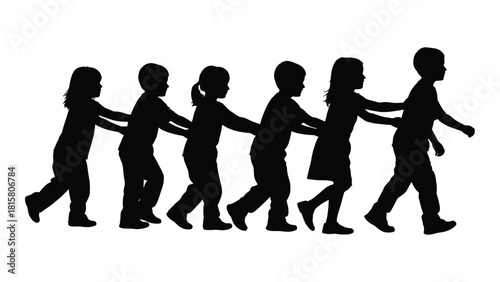 Children walking in a line silhouette isolated on white background, Vector