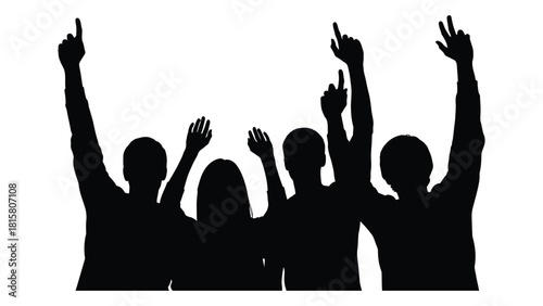 Group of silhouettes with raised arms isolated on white background, Vector