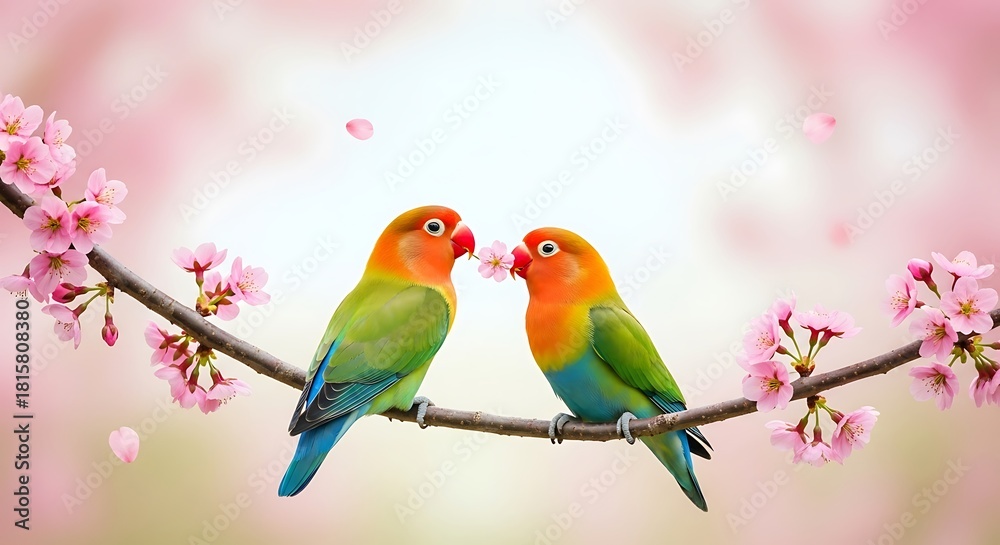 Fototapeta premium Two lovebirds perched on a branch with pink cherry blossoms and falling petals 