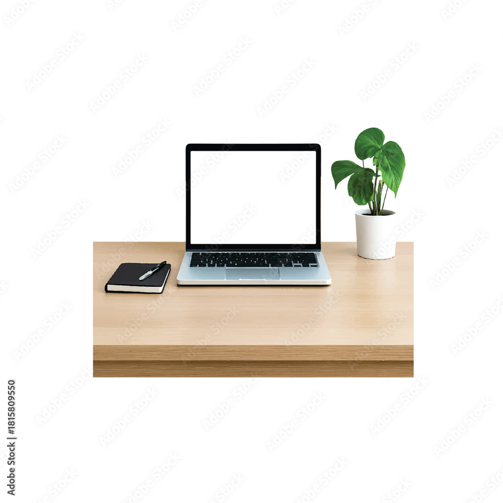 Fototapeta premium Print Minimalist workspace with a laptop, notebook, and plant