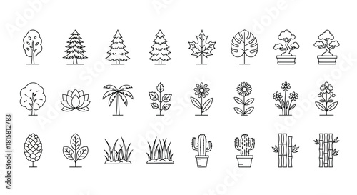 Collection of tree and flower icons in outline style, representing nature, growth, and environmental awareness
