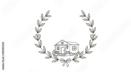 Hand-drawn illustration of a charming house nestled inside a simple and elegant laurel wreath with a delicate bow at the bottom.