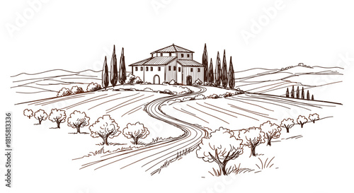 Classic hand-drawn sketch of a beautiful Tuscan villa landscape featuring rolling hills cypress trees and a winding road leading to the house.