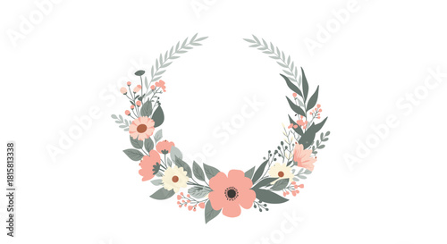Beautiful pastel colored floral wreath with delicate pink flowers and green leaves arranged in a semi-circle for an elegant wedding invitation.