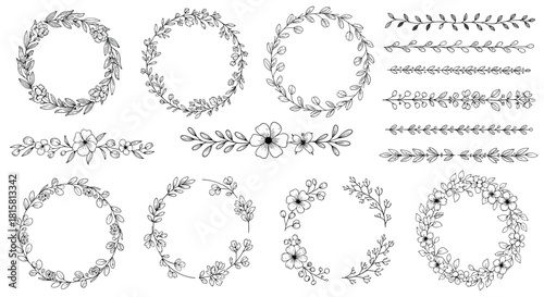 Large collection of hand-drawn floral wreaths borders and dividers in a simple black and white line art style perfect for page decoration.