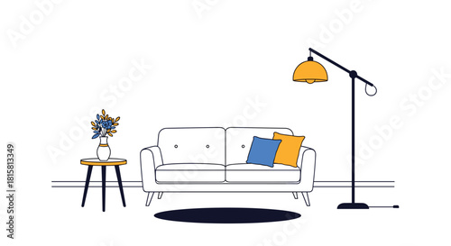 Modern minimalist living room interior scene with a sofa floor lamp and flower vase illustrated in a clean line art style with color accents.