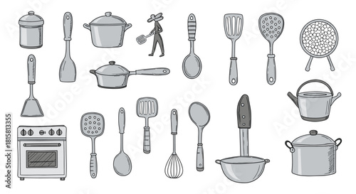 Big collection of hand-drawn kitchen utensils and cookware including pots pans a stove and spoons in a rustic monochrome sketch illustration style.