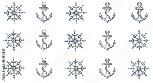 Seamless repeating pattern of hand-drawn nautical ship wheels and anchors with ropes in a vintage blue and white line art illustration style.