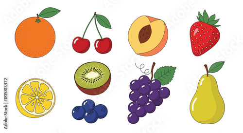 Set of eight assorted fresh fruits with a clean outline and simple colors including an orange cherry strawberry grapes and a bright yellow lemon.