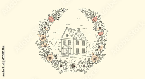 Charming hand-drawn illustration of a cozy two-story house nestled inside a beautiful floral wreath on a soft cream colored background.