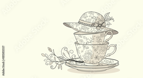 Elegant vintage line art illustration of two stacked teacups and a fancy hat with floral patterns creating a charming tea party scene.