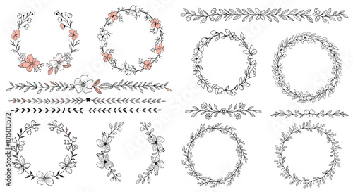 Collection of hand-drawn floral wreaths and border elements with delicate pink flowers and leaves in a rustic vintage line art illustration style.