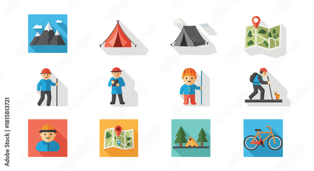 Fototapeta premium Collection of flat design icons with long shadows representing hiking camping and outdoor adventure activities on a white background.