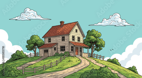Old wooden farmhouse situated on a rolling green hill with a dirt path leading to the front porch under a partly cloudy sky.