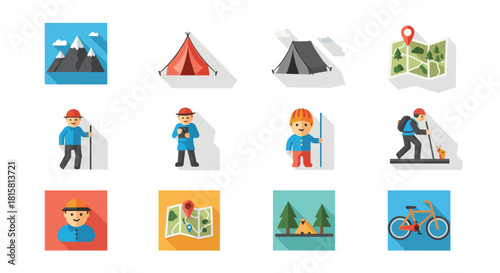 Collection of flat design icons with long shadows representing hiking camping and outdoor adventure activities on a white background.
