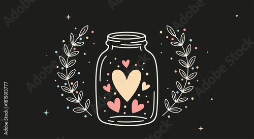 Charming line art drawing of a glass jar containing cute pink hearts surrounded by delicate branches on a dark starry background.