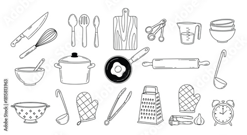 Kitchen utensils thin line icon set contains such icons as knife, spoon, cutting board, pot and more