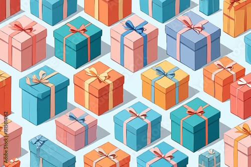 Cheerful array of beautifully wrapped gift boxes conveys the spirit of celebration and giving joy