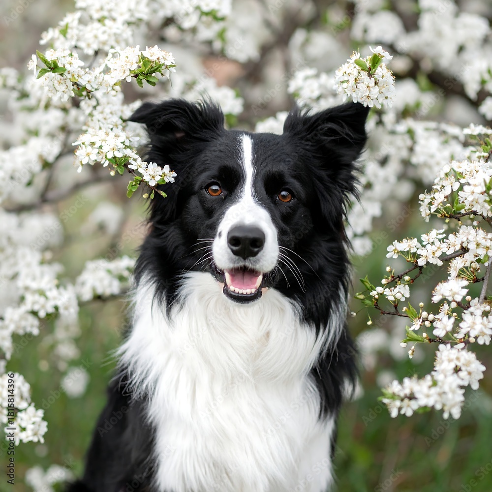 Fototapeta premium A black and white dog sits amidst delicate white blossoms, looking directly at the camera with a happy expression