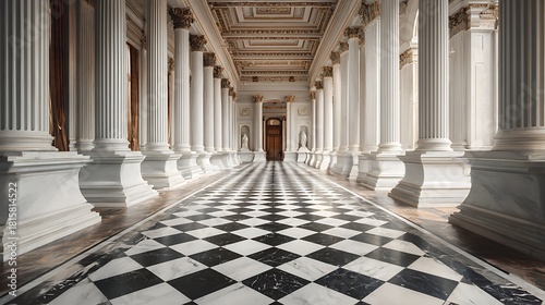 A grand, classical hallway with marble columns and a checkered floor, evoking a sense of elegance and history.