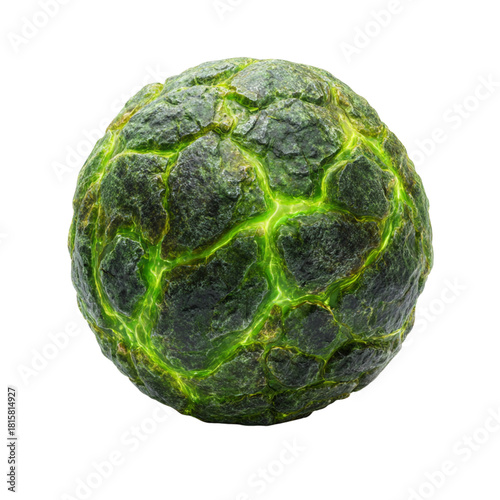 Abstract glowing green cracked sphere with textured surface resembling a planet or alien orb on a black background