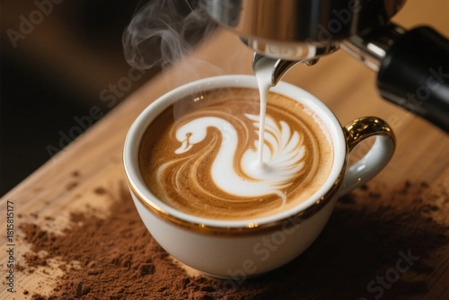 Fototapeta Naklejka Na Ścianę i Meble -  Steaming latte art being poured into a cup with swan design