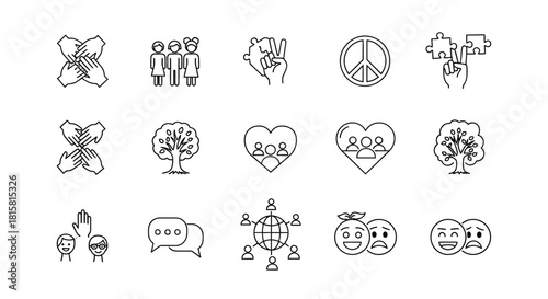 Hand drawn vector illustration set of social issues, charity, and community editable line stroke weight