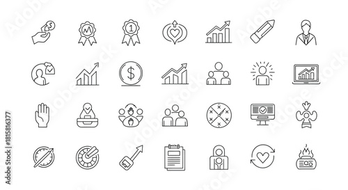 Set of business and finance icons in line style contains icons as hand, coin, award, graph, pencil, and more