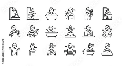 Set of linear icons representing various activities related to bathing and personal hygiene for wellness concept