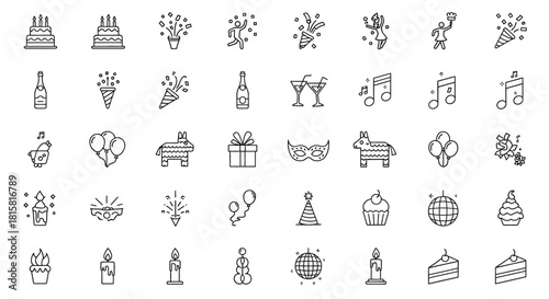 Collection of linear icons representing various party and celebration elements for festive event concept