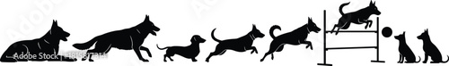 Dog, silhouette, motion, activity, training, agility, jump, run, sit, walk, behavior, pet, animal, black, icon, graphic, sequence, exercise, obedience, canine