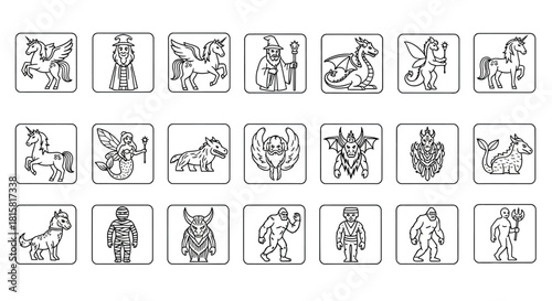 Collection of fantasy character line icons vector illustration of mythical creature and folklore concept symbols
