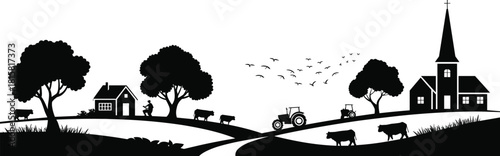 Countryside, rural, silhouette, farm, tractor, cows, church, house, trees, birds, nature, landscape, agriculture, village, peaceful, field, graphic, black, minimal, scene