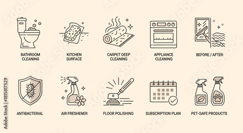 Set of cleaning service icons collection of linear symbols for home cleaning, laundry, and hygiene services vector