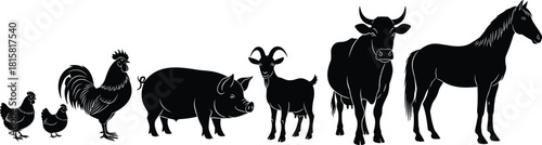 Farm, animals, silhouette, black, row, chicken, rooster, pig, goat, cow, horse, domestic, rural, agriculture, barnyard, nature, graphic, minimal, countryside, design, livestock